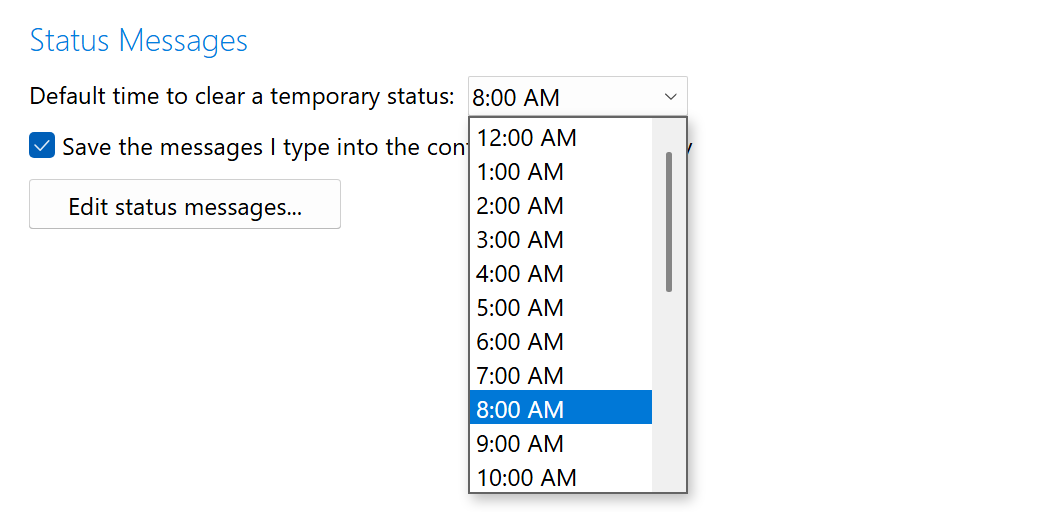 Windows: Settings, Status page, with the Default time to clear a temporary status list open