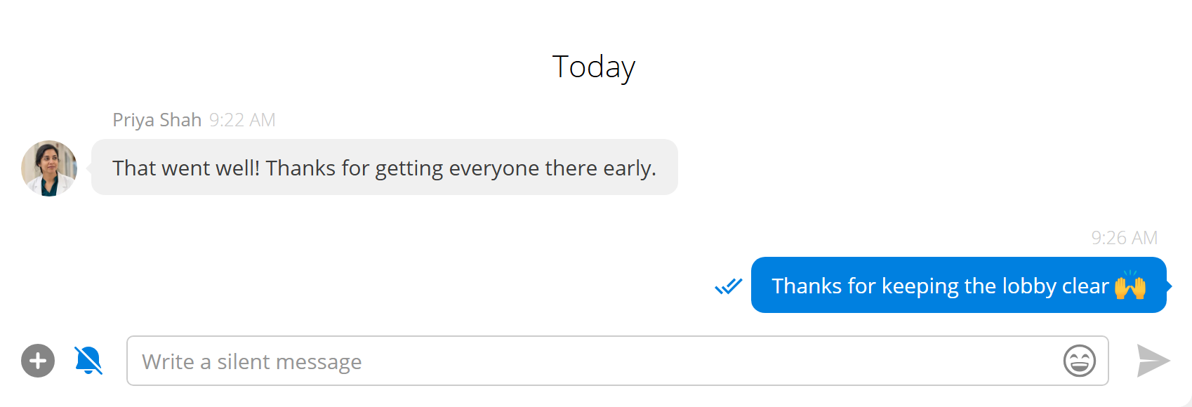 Web: the message box with silent sending turned on, reading "Write a silent message"