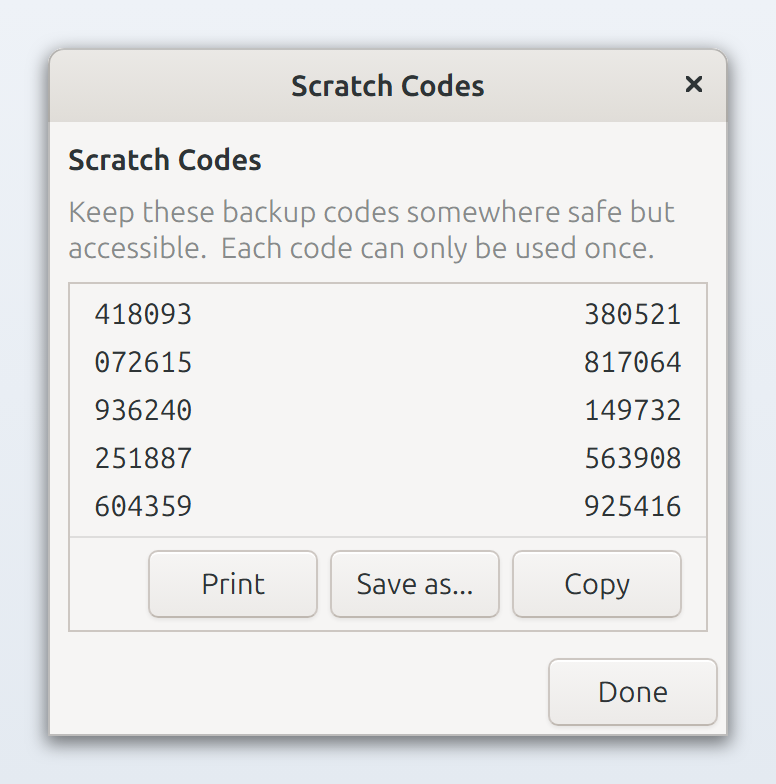 Ten scratch codes