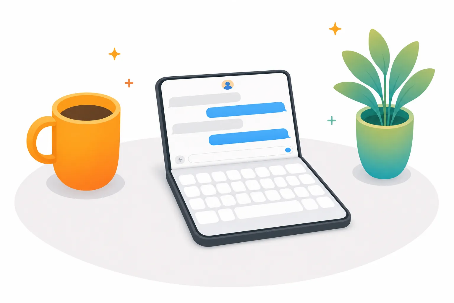 An iPhone Duo standing half open on a desk like a small laptop, a chat on its upright half and the keyboard on the half lying flat, beside a coffee mug and a plant.