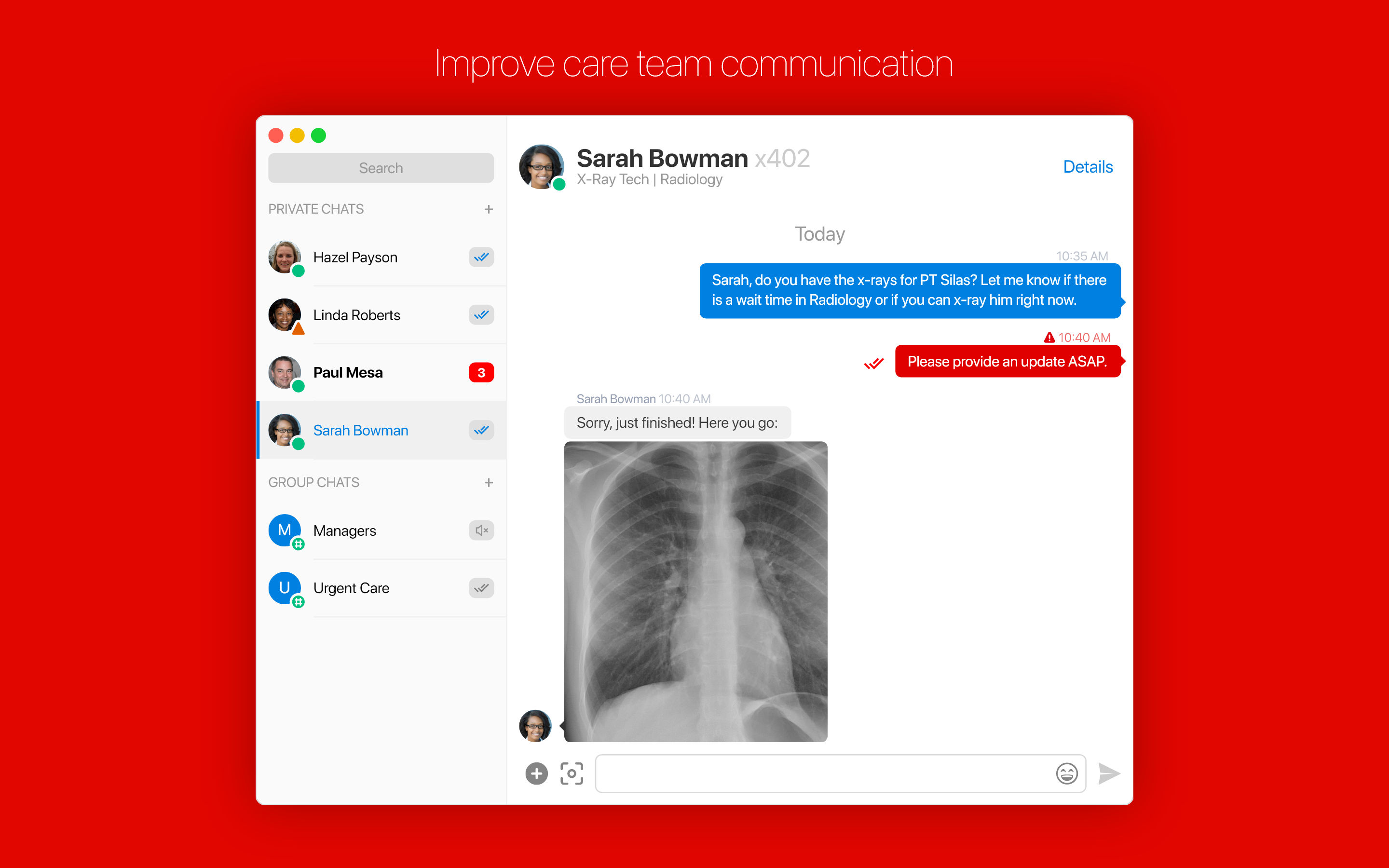 Picture of a Trillian message window showing a group chat in a healthcare setting