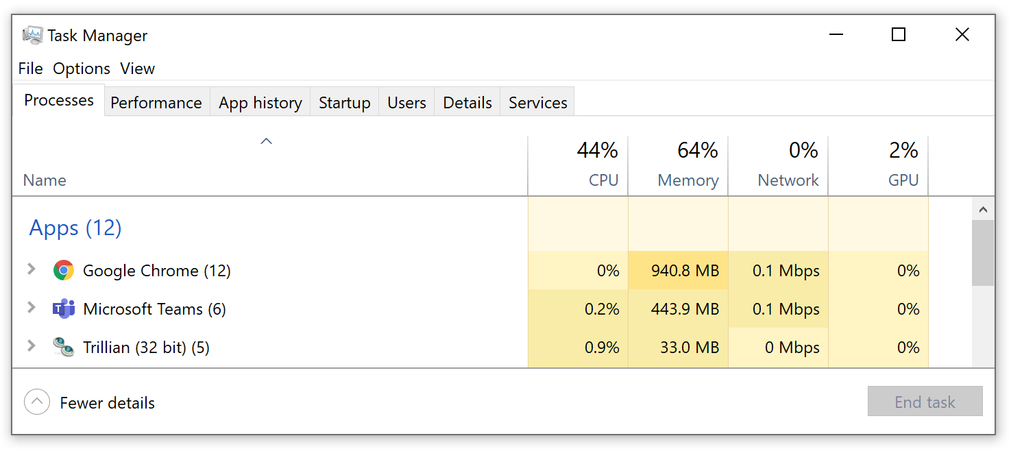 Screenshot of the Teams vs Trillian's memory usage